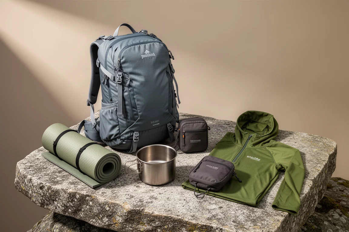 Lightweight backpacking loadout arranged on granite beside a mountain campsite