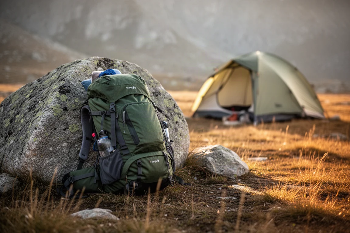 Loaded hiking backpack leaning on a boulder beside a small alpine campsite at golden hour