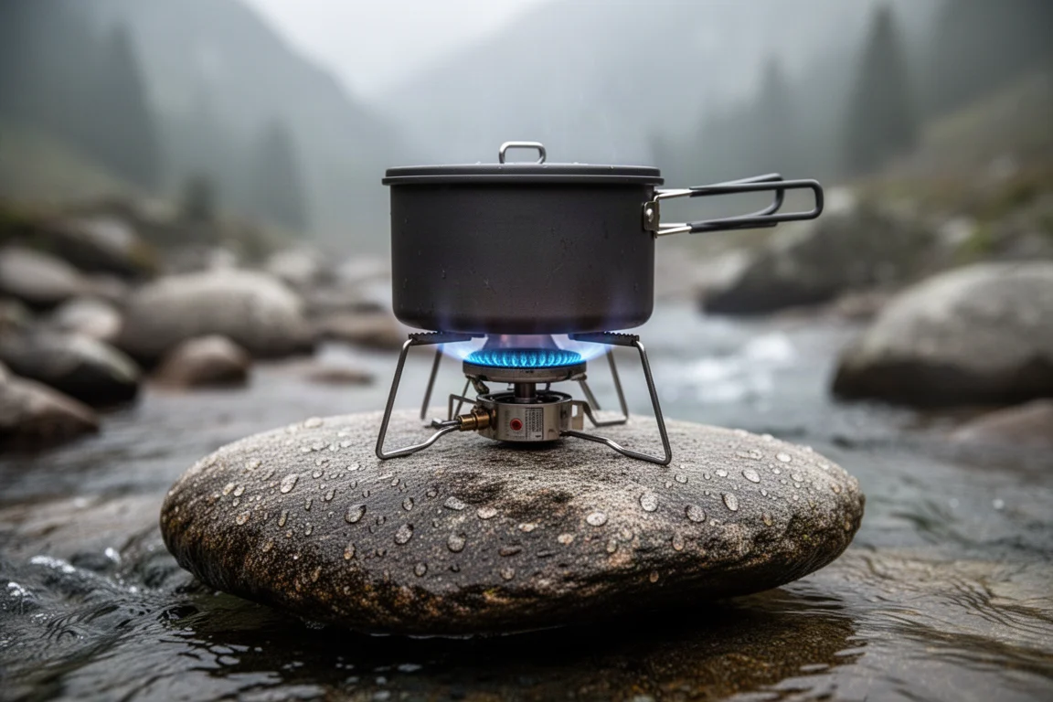 Small camping stove burning under a dark pot on a rock beside a mountain stream