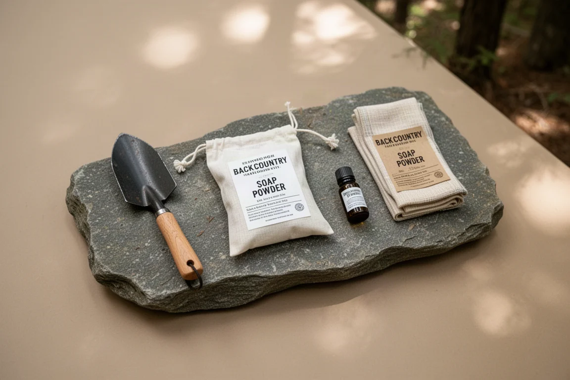 Backcountry hygiene kit laid out on a flat stone beside a trowel and soap powder