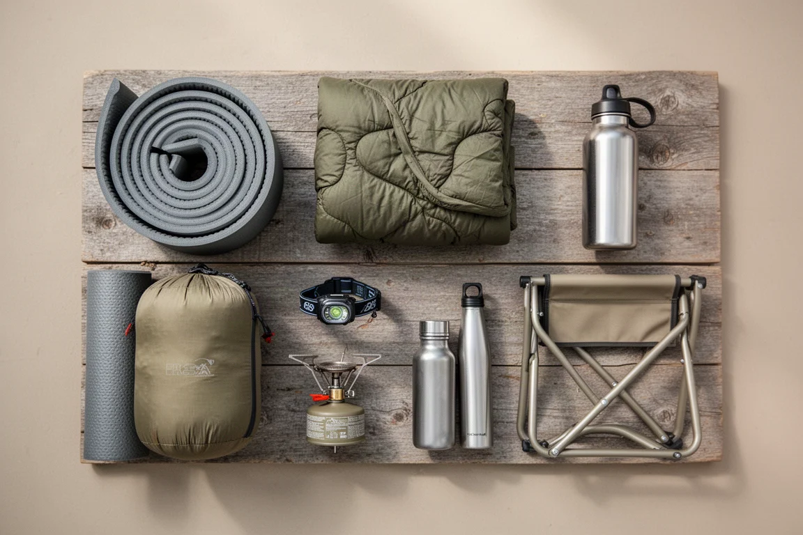 Overhead flat-lay of lightweight backpacking gear arranged on weathered wood