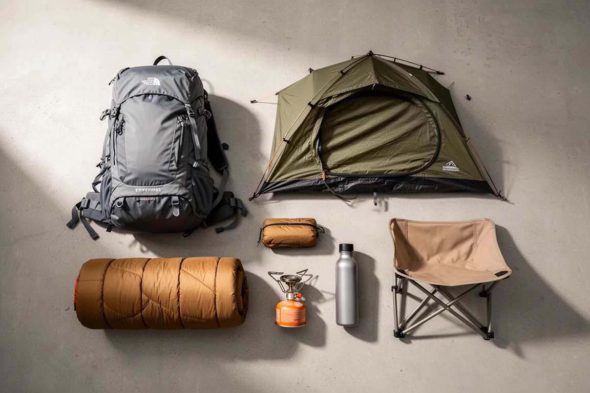 Overhead flat-lay of lightweight backpacking gear on matte concrete
