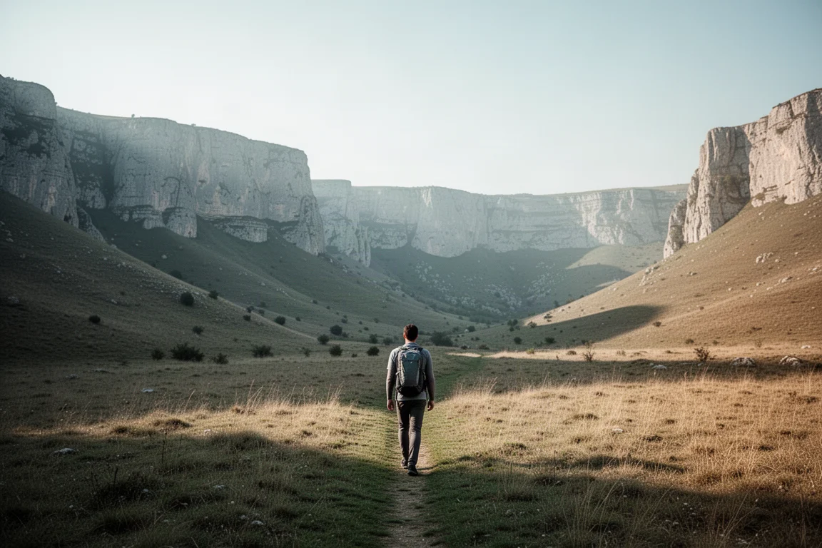 Hiker with a slim backpack walking a dry valley trail beneath limestone ridges