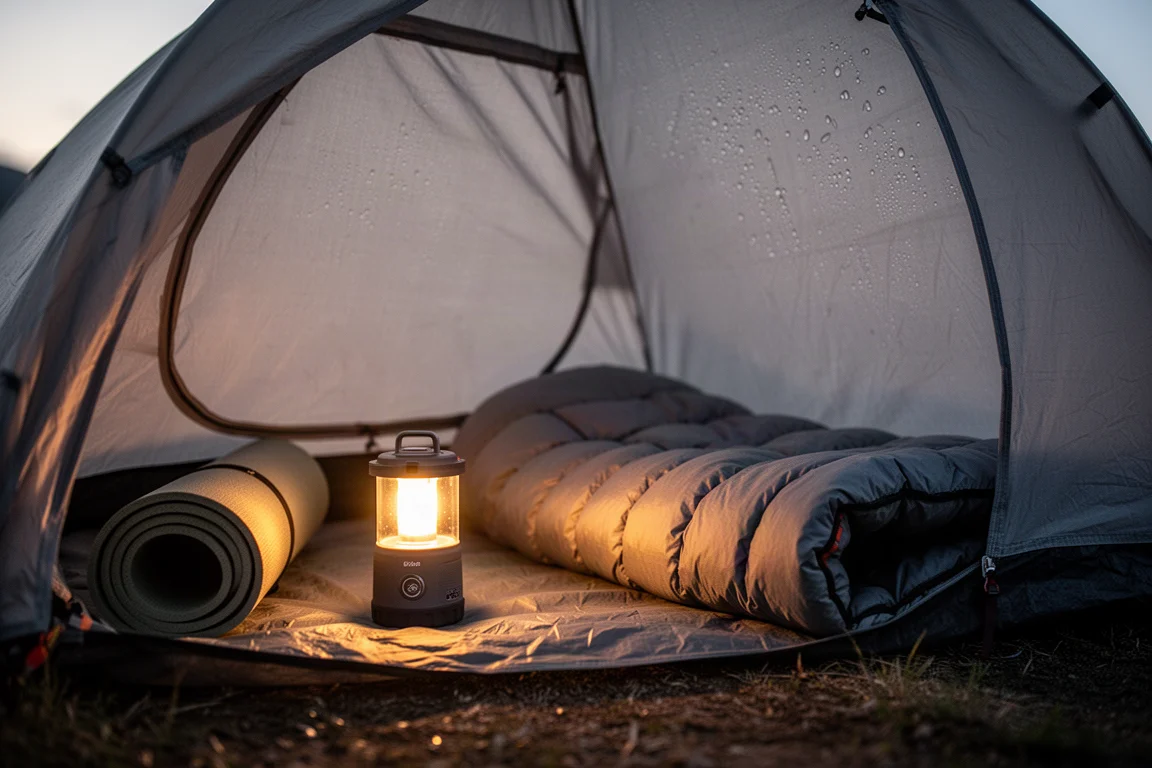 Warm lantern glow inside a small tent at dusk beside a rolled sleeping pad