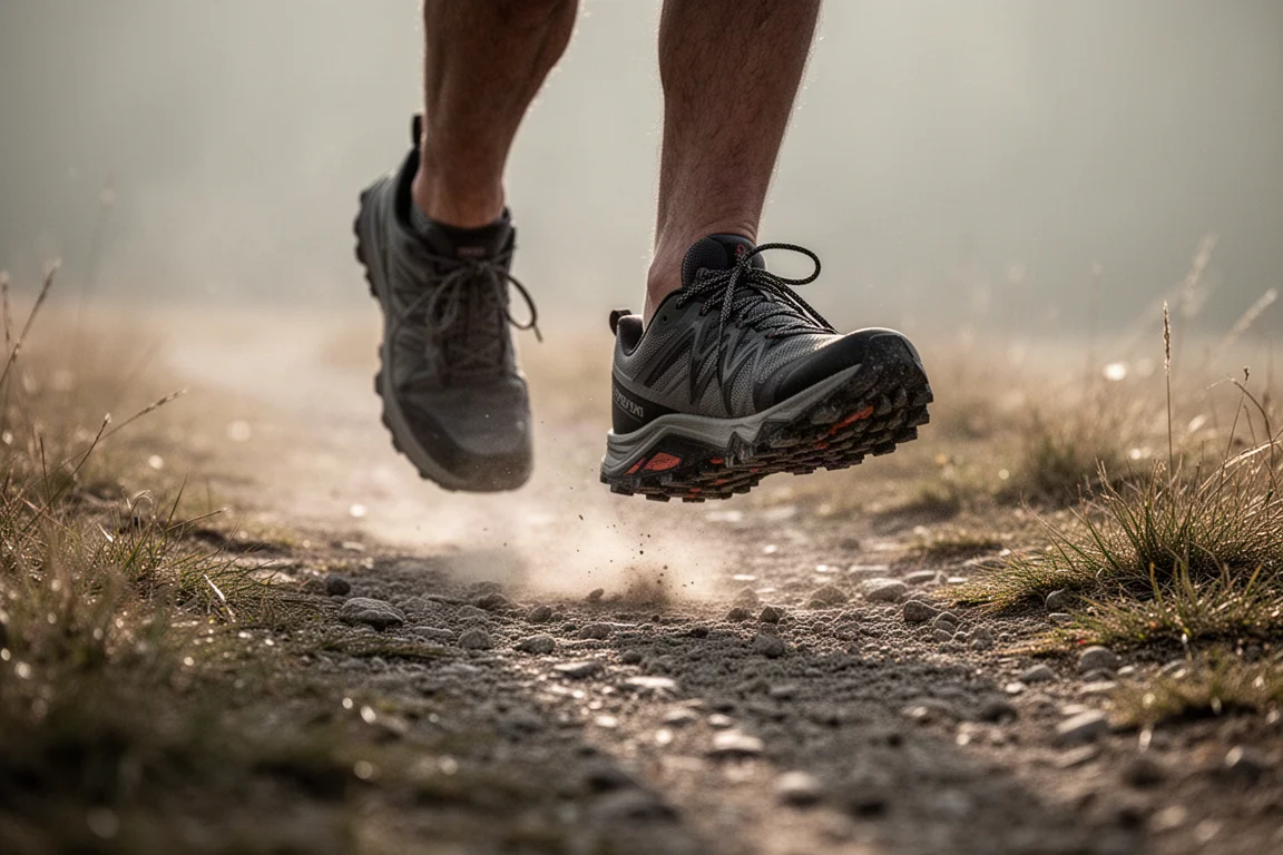 Trail shoes moving along a dry gravel path in low morning light