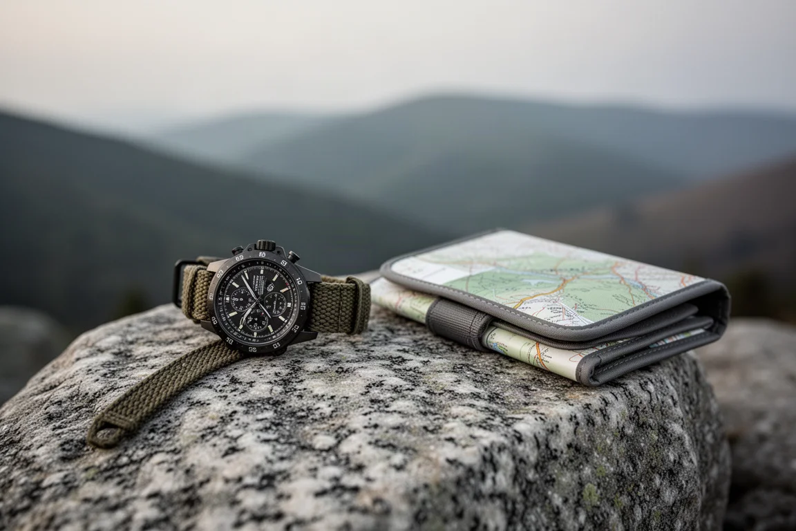Rugged sports watch resting on a granite boulder with hills behind