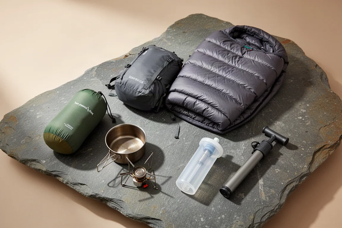 Equipamento leve de mochilão organizado em flat lay sobre ardósia cinza desgastada