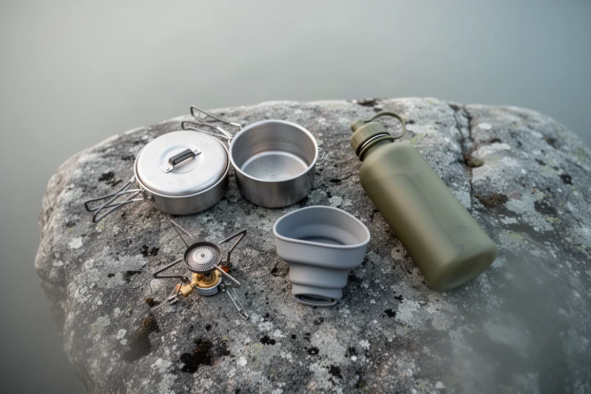 Bovenaanzicht van een minimalistisch backpack-kook- en waterkit op grijs graniet