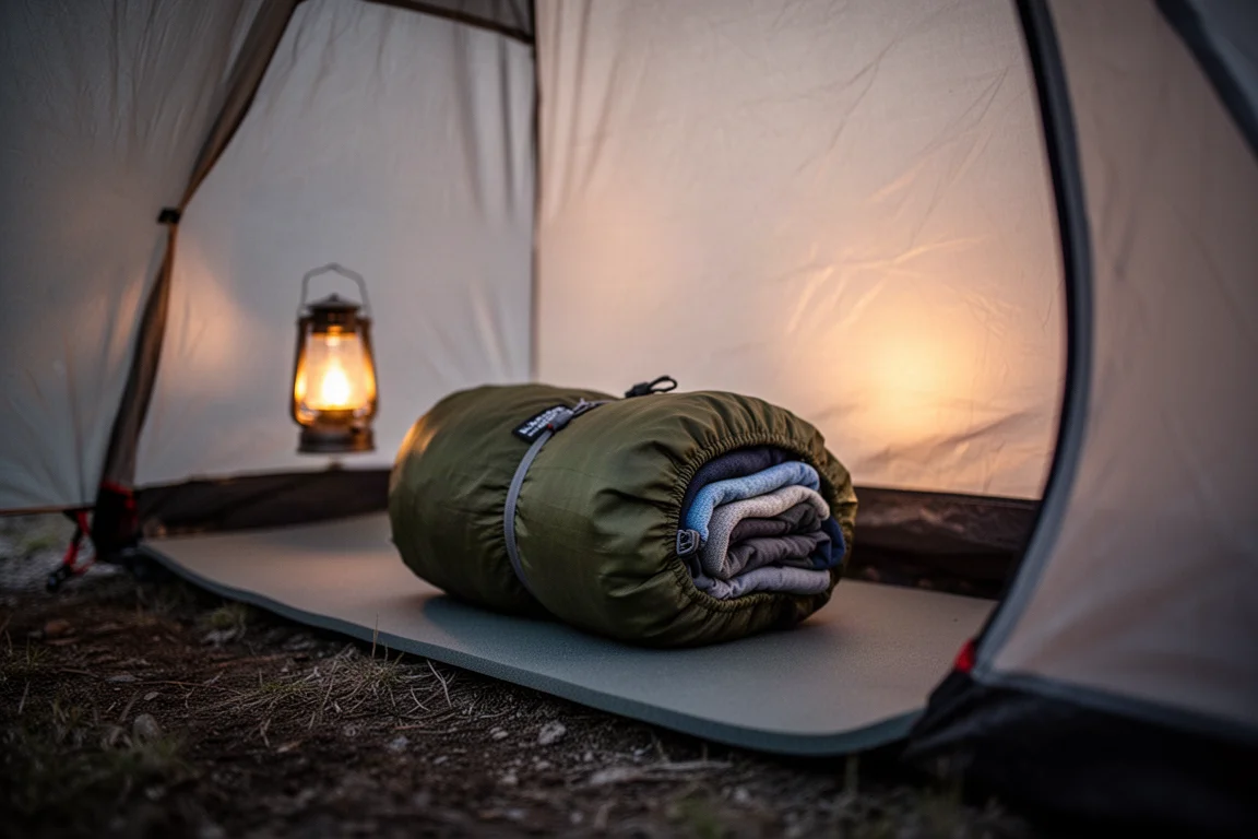 Interieur van een kleine backpackshelter bij schemer met een kledingbundel als kussen