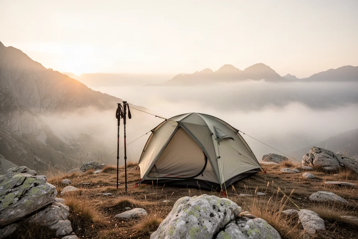 Trekkingstok-tent opgezet op een alpiene bergkam bij zonsopkomst met mist in het dal