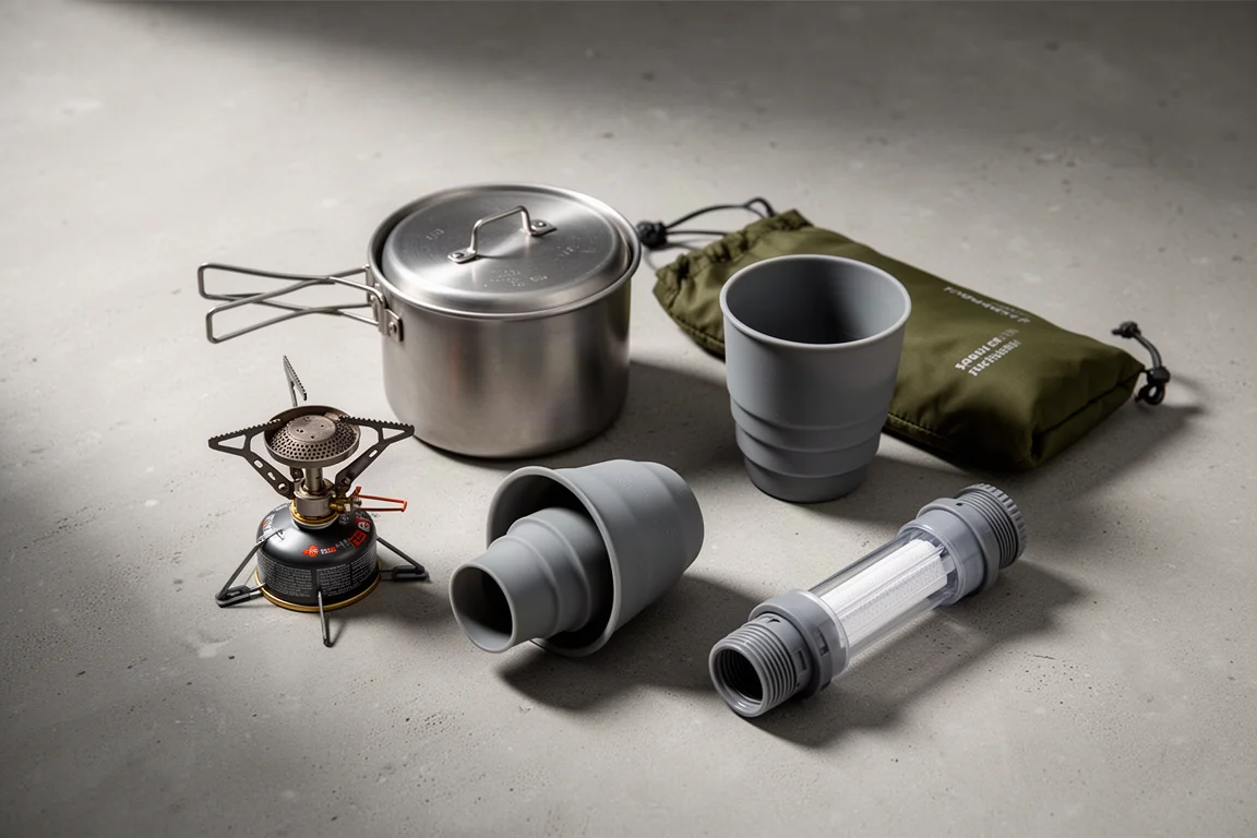 Minimalist backpacking cook and water kit arranged on a matte concrete surface