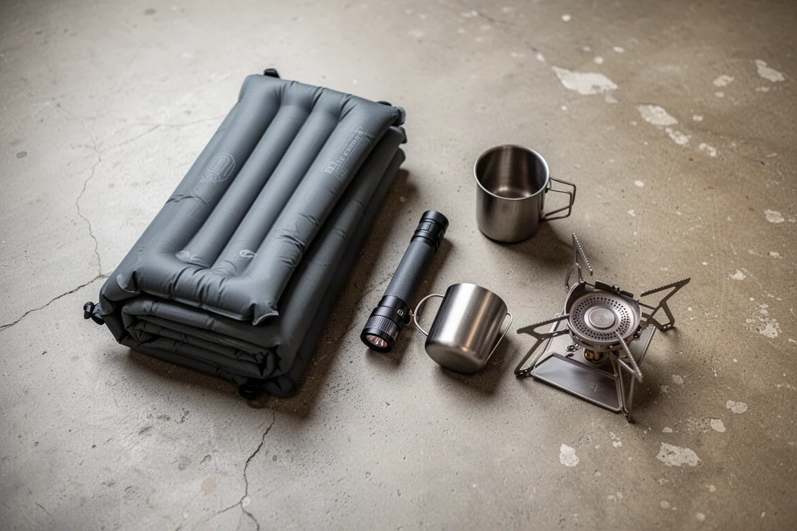 Overhead flat-lay of lightweight backpacking gear on a concrete floor