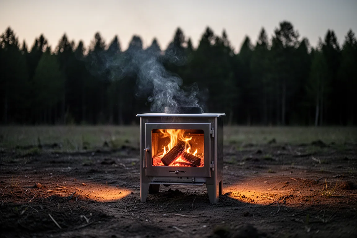 Small steel wood stove burning on bare earth at dusk