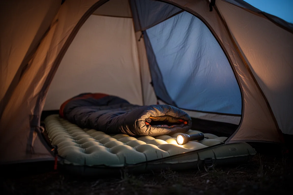 Inside a small tent at night with an inflated sleeping pad and glowing torch
