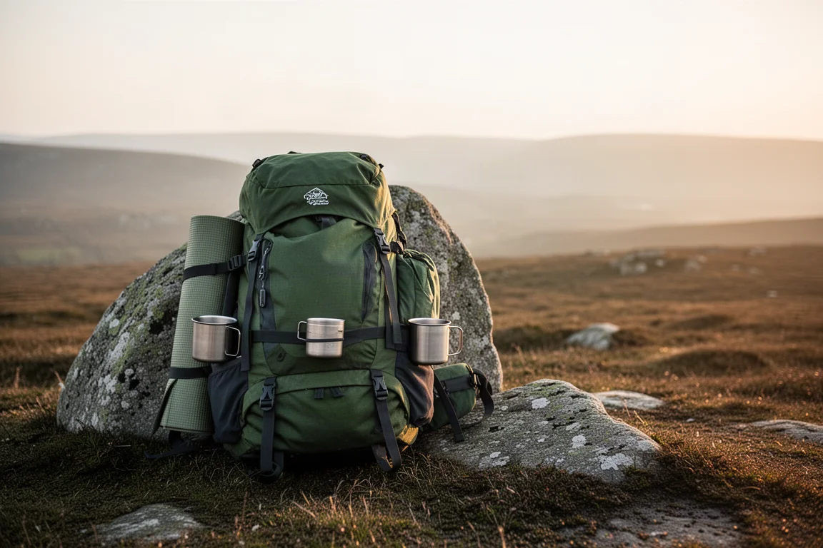 Packed rucksack resting against a granite boulder on open moorland