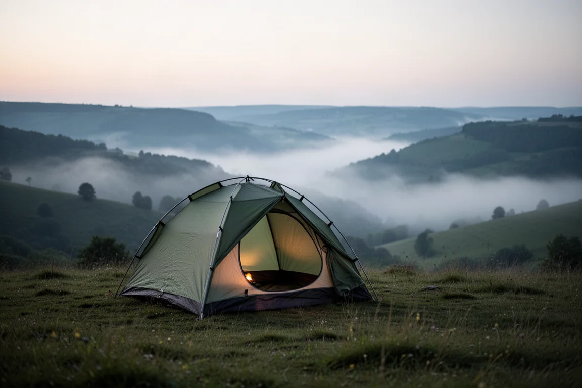 Small dome backpacking tent pitched on a grassy hillside at dusk with mist in the valley