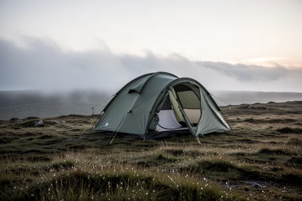 Two-person dome tent on an exposed moorland ridge at first light with low cloud