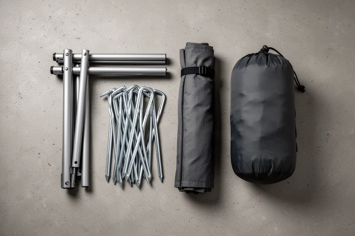 Overhead flat-lay of tent poles, alloy pegs, rolled fabric and a compression stuff sack