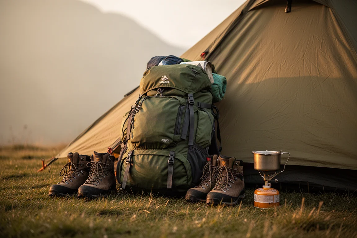 Loaded hiking rucksack resting against a pitched tent at golden hour with boots and stove
