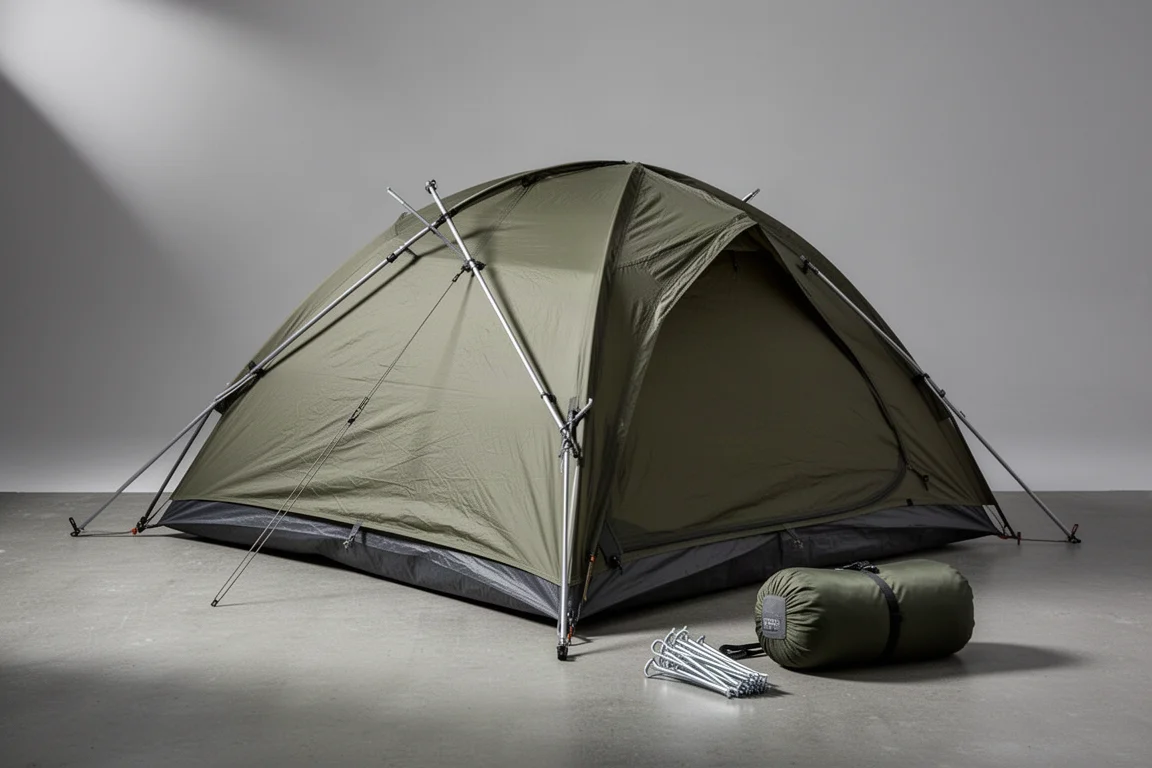 Low-profile one-person dome backpacking tent with alloy poles, stuff sack and pegs on a neutral backdrop