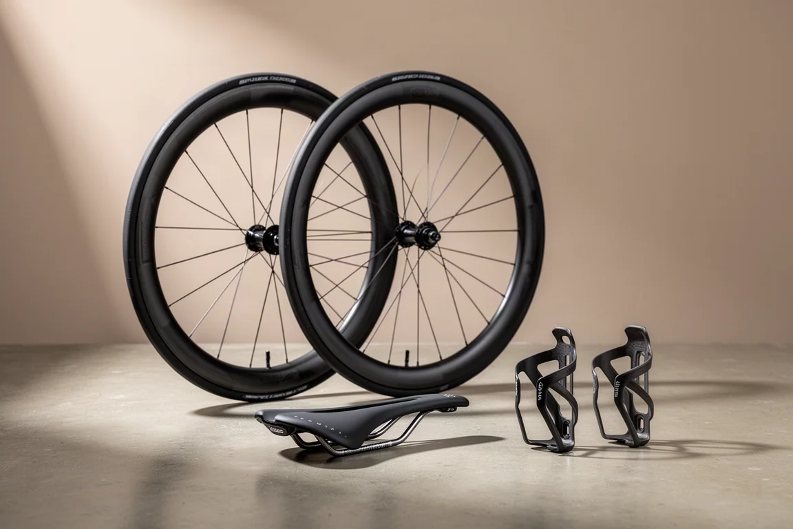 Carbon racewielen, een slank carbon zadel en twee carbon bidonhouders uitgestald op beton