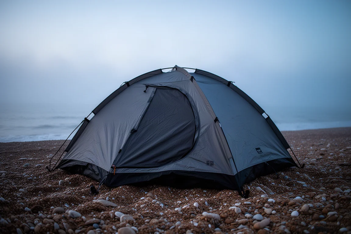 Niskoprofilowy bivvy rozbity na żwirowej plaży o zmierzchu z morską mgłą w tle