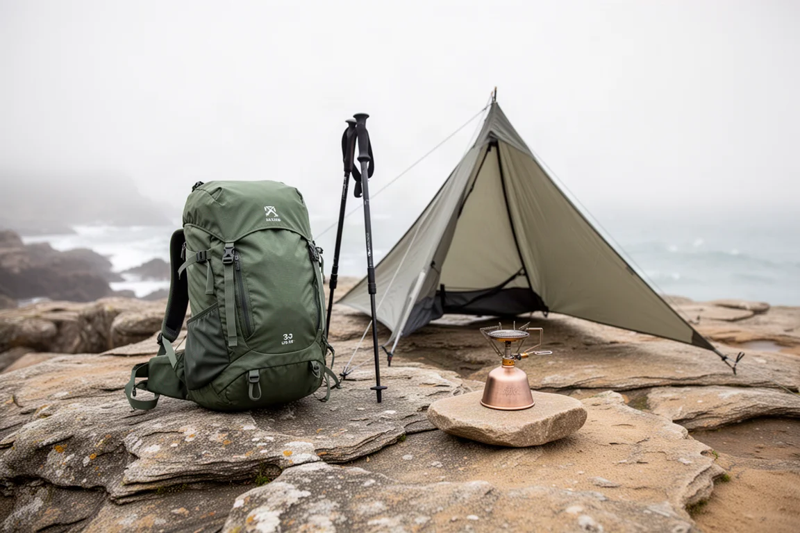 Lightweight camping kit with trekking backpack, low shelter and stove cone on coastal rock