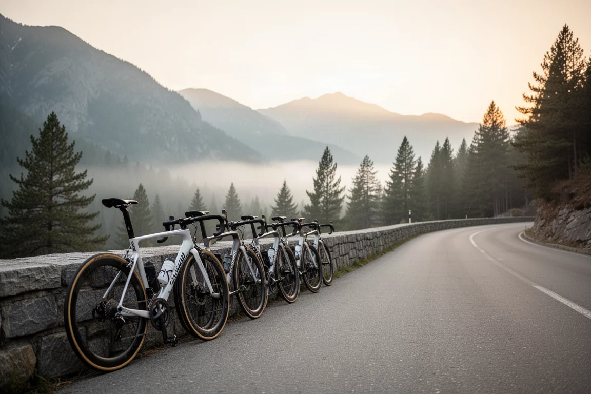 Row of road race bikes leaning against a stone wall on a mountain road at sunrise