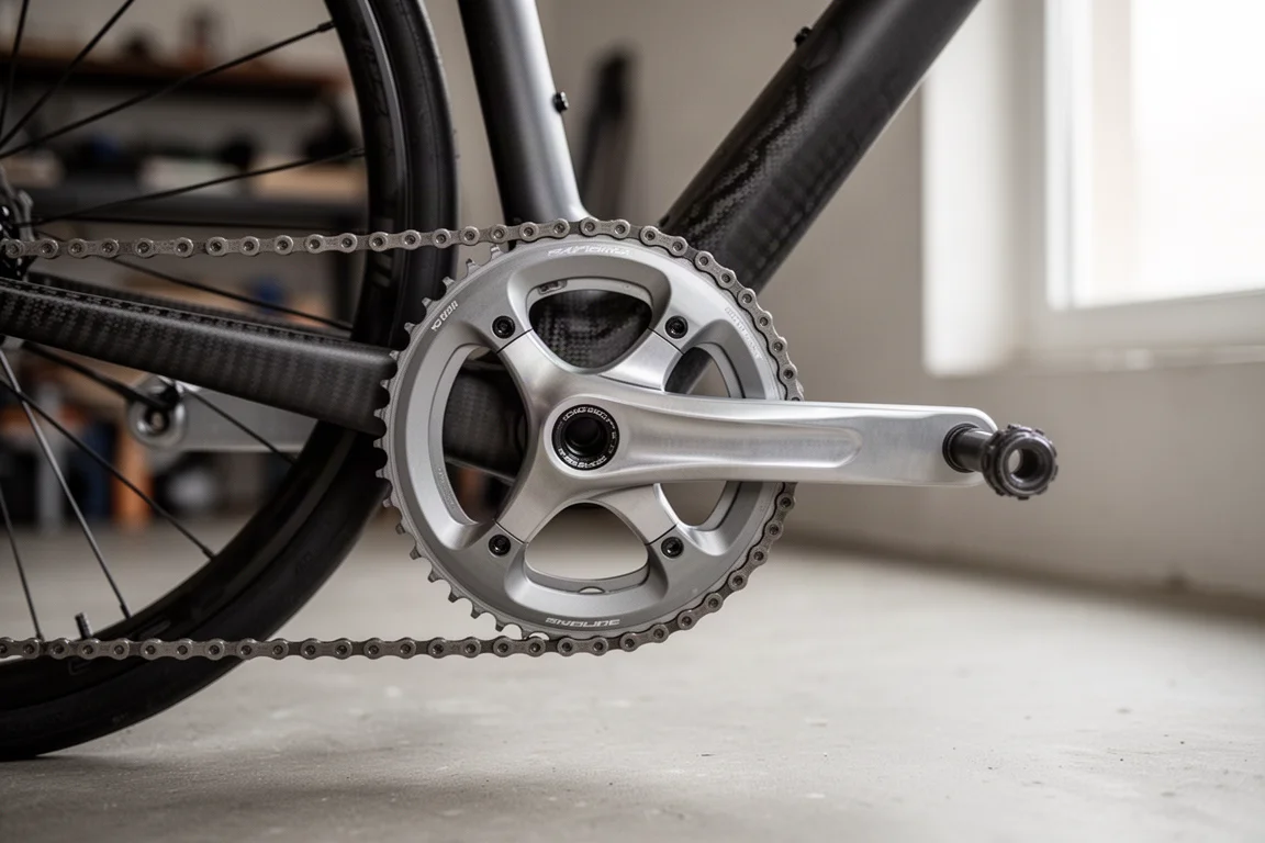 Close-up of a lightweight road bike crankset and chainring with a through axle