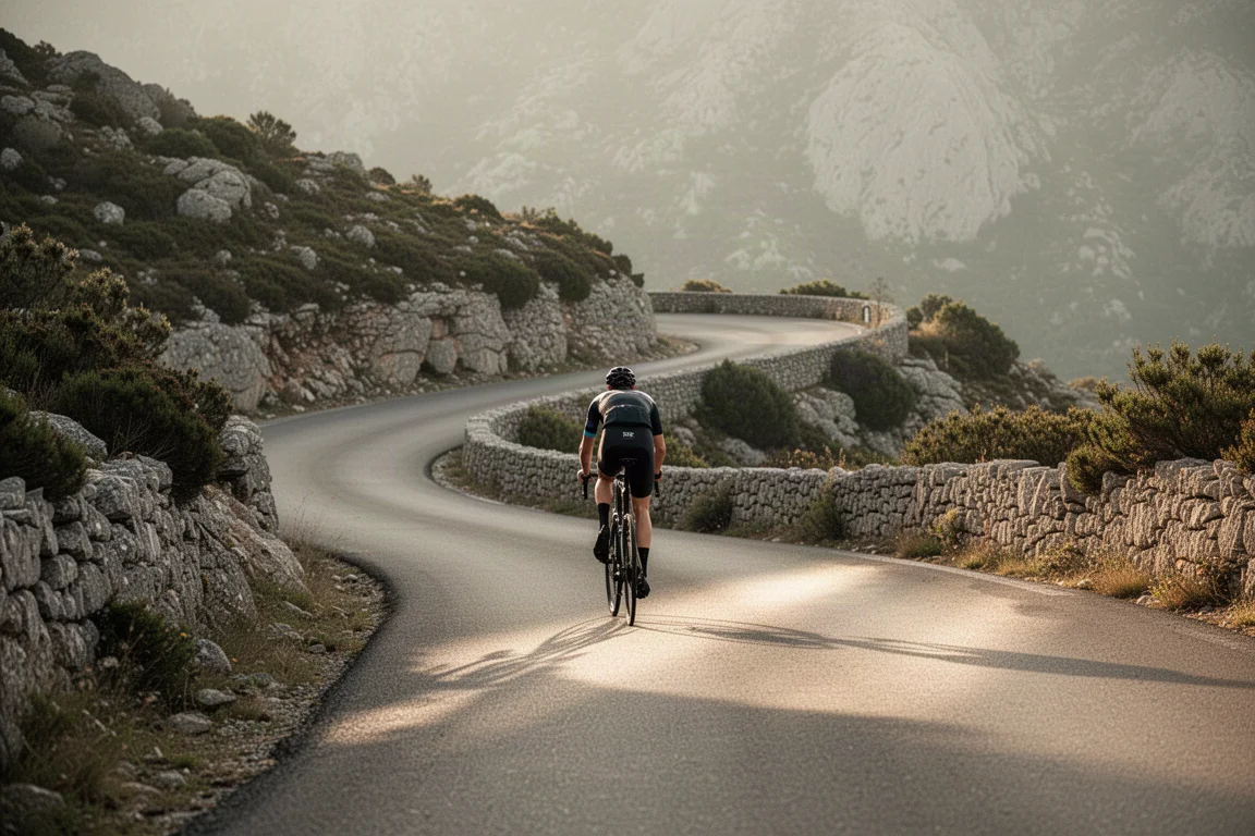 Cyclist climbing a steep mountain switchback on a road bike in late afternoon light
