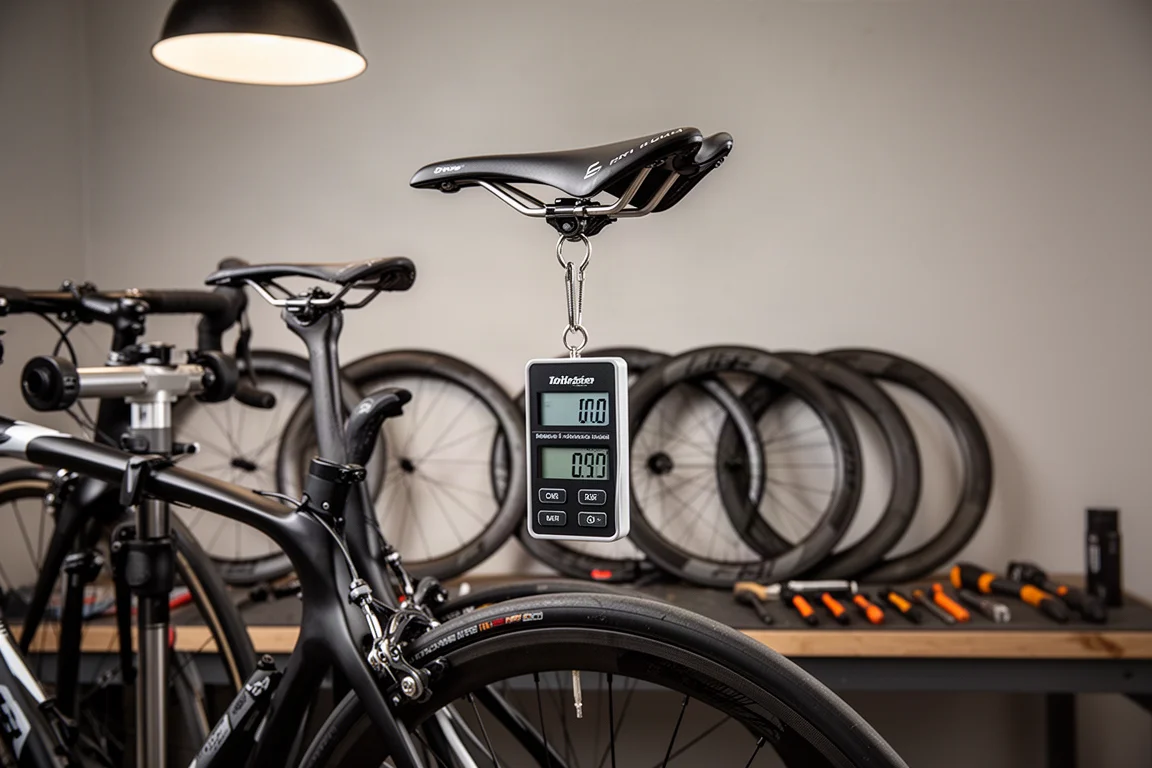 Road bike hanging from a digital scale in a race workshop with spare wheels behind
