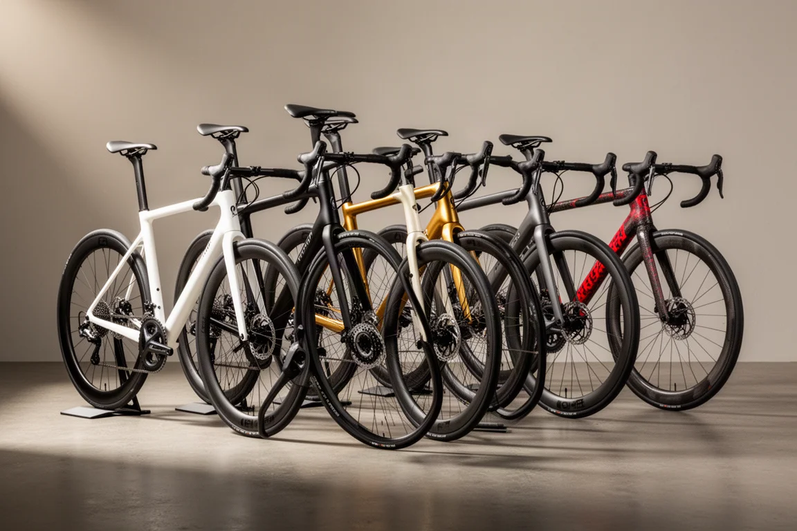 Vijf moderne racefietsen met schijfremmen op een rij op een matte betonnen vloer