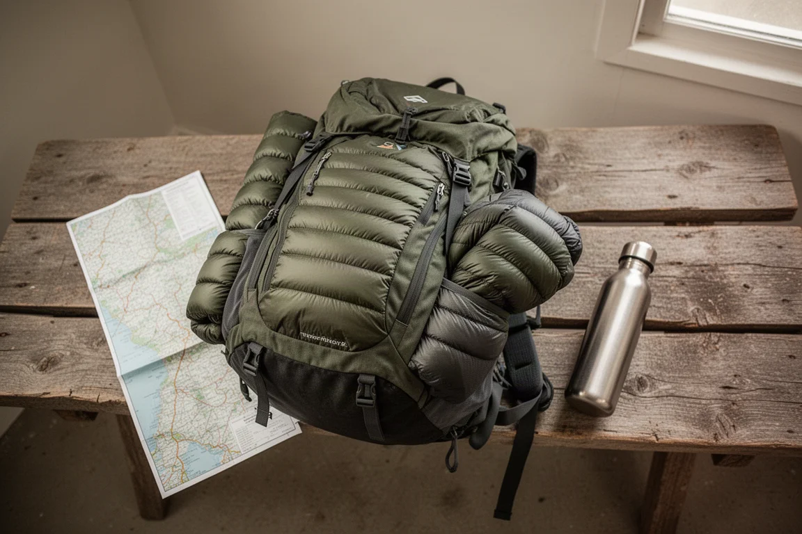 Four lightweight down jackets hanging in a row on a wooden rail against a pale wall