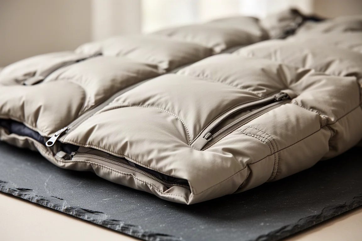 Backlit quilted down jacket panel showing thin insulation along the stitched seams