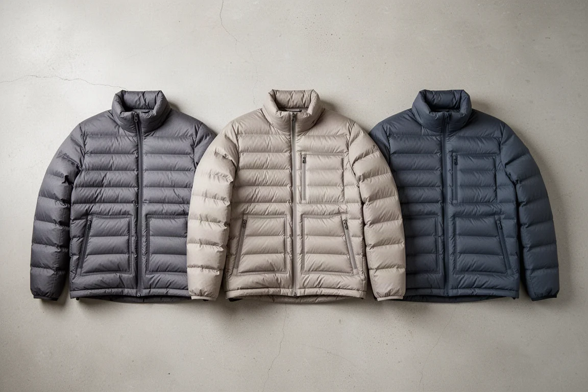 Overhead flat lay of a folded down jacket and a hiking backpack on concrete