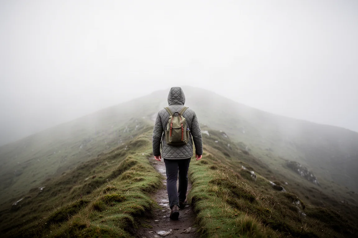 Trailhead scene with a backpack and folded down jacket in morning mist