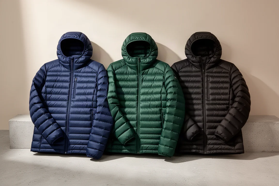 Four lightweight down jackets arranged in a row on a concrete surface