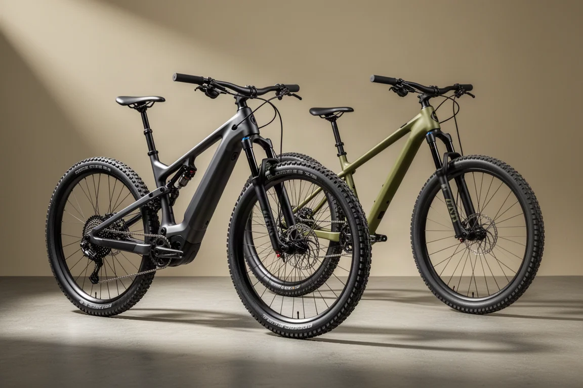 Full-suspension elektrische mountainbike en niet-ondersteunde mountainbike naast elkaar op beton