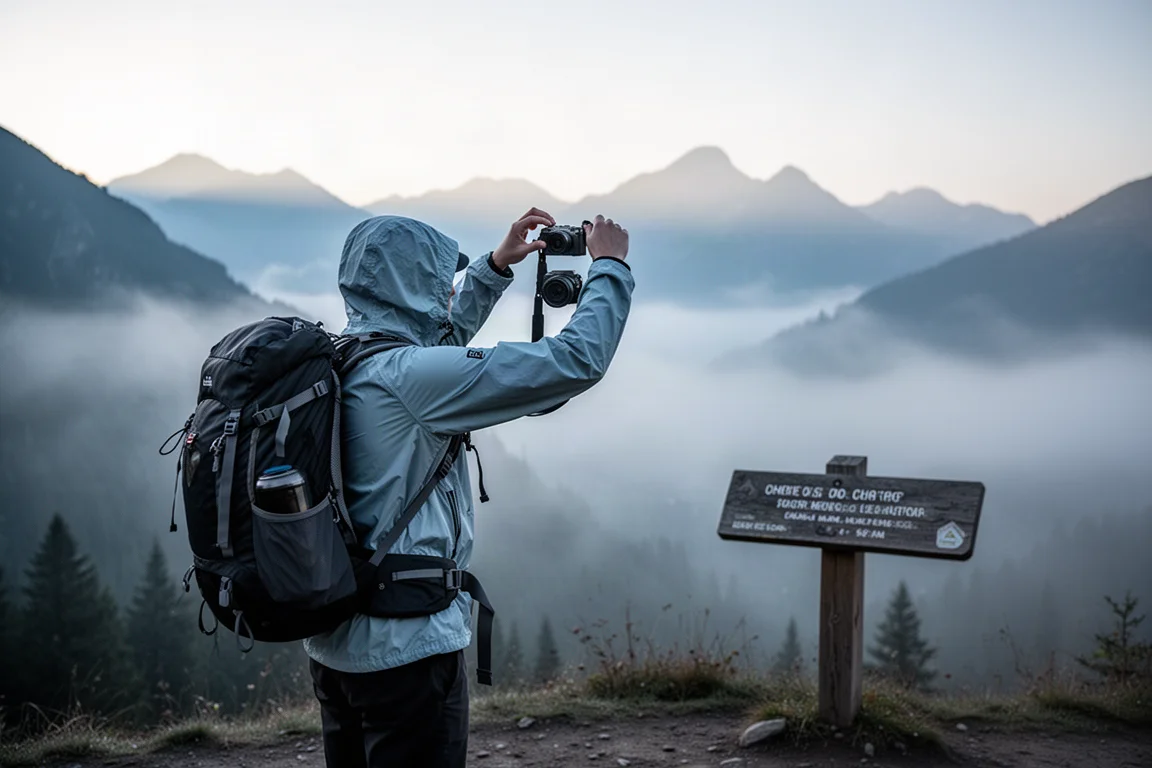 Hiker adjusting a small camera on a backpack strap at a misty mountain trailhead at dawn