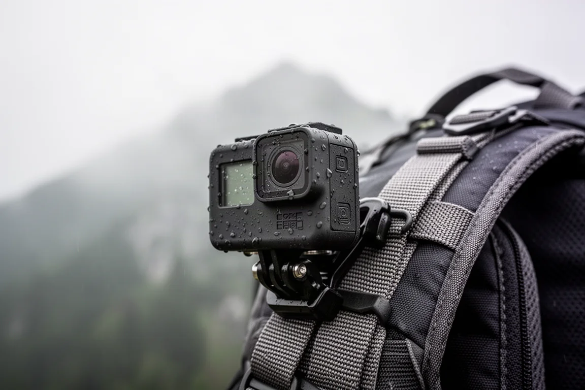 Rugged action camera clipped to a backpack strap with rain droplets on its housing