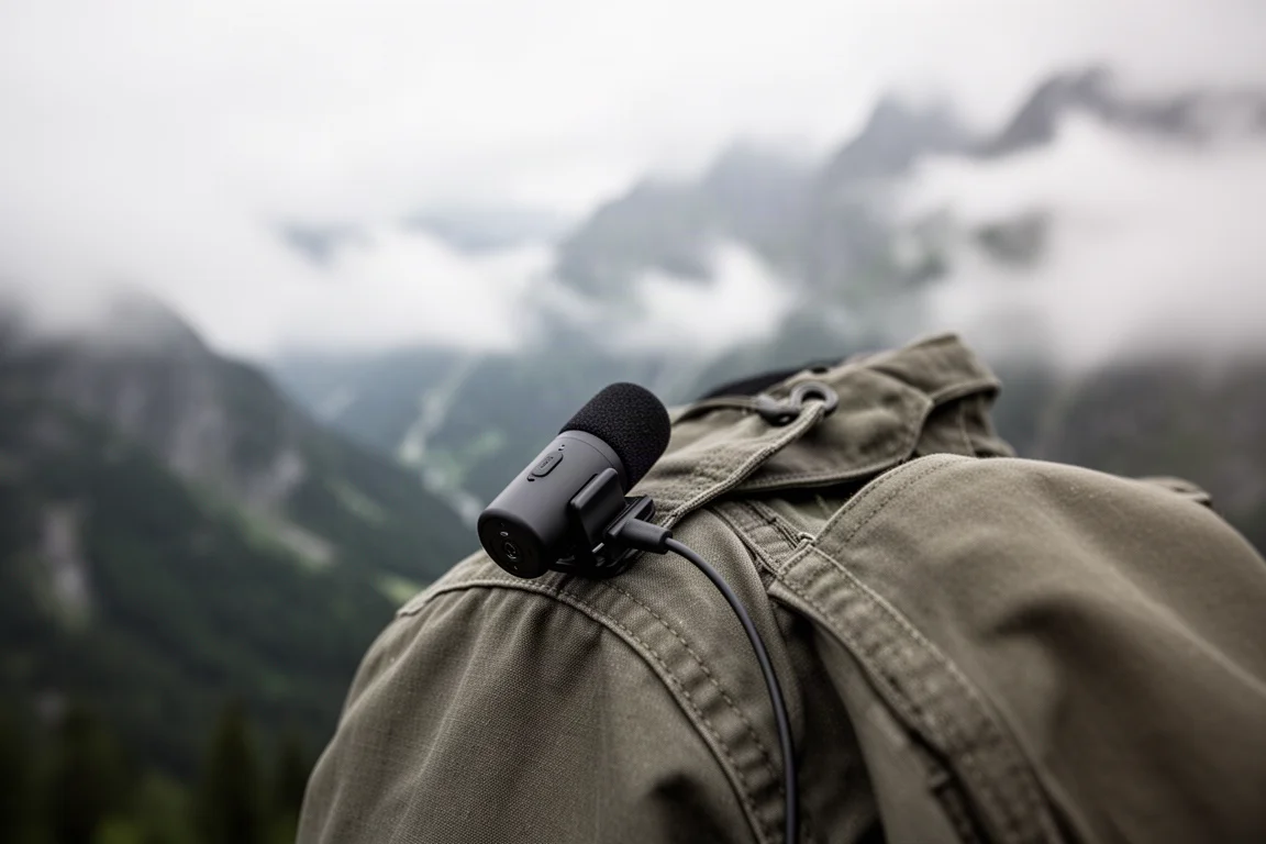 Small wireless microphone clipped to an outdoor jacket collar with an alpine valley behind