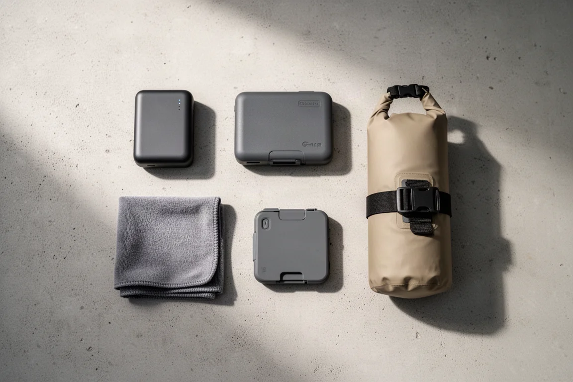 Flat lay of trail filming accessories including a power bank, cloth, card case, and dry bag