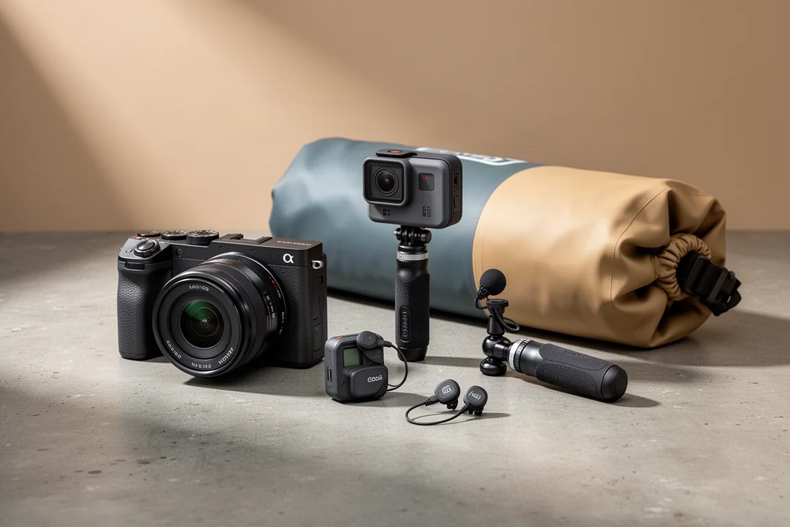 Compact camera, action camera, grip tripod, and wireless mics arranged on concrete with a dry bag