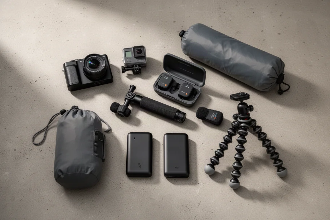 Overhead flat-lay of a compact hiking filmmaking kit with camera, action camera, mics and power banks