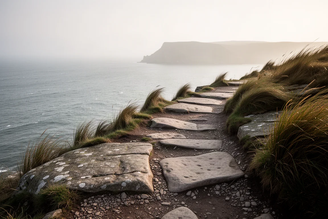 Coastal footpath winding along a cliff edge above the sea in low morning light