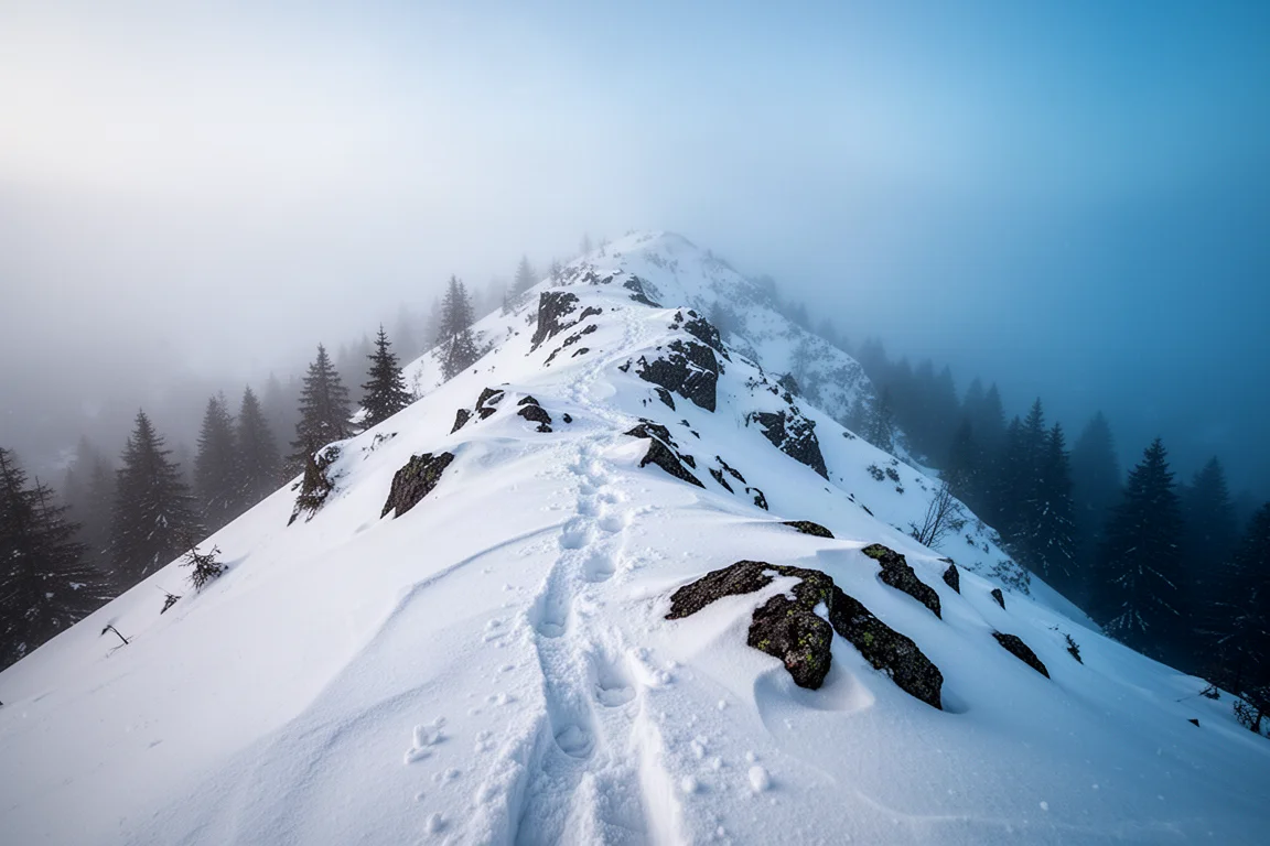 Snow-covered mountain ridge track in winter with faint footprints and blue mist