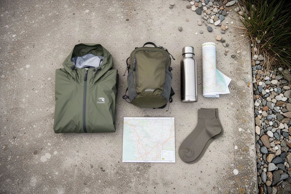 Overhead flat-lay of hiking essentials on weathered concrete beside coastal gravel