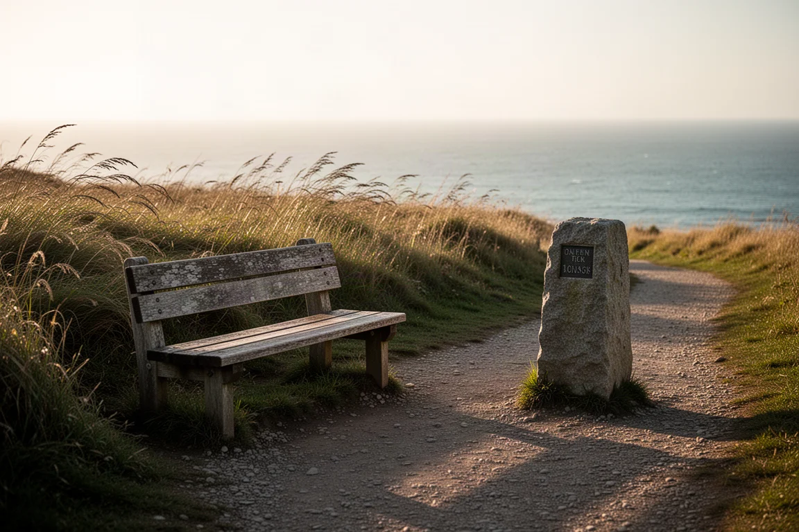 Weathered wooden bench and stone marker at a coastal trailhead in golden light