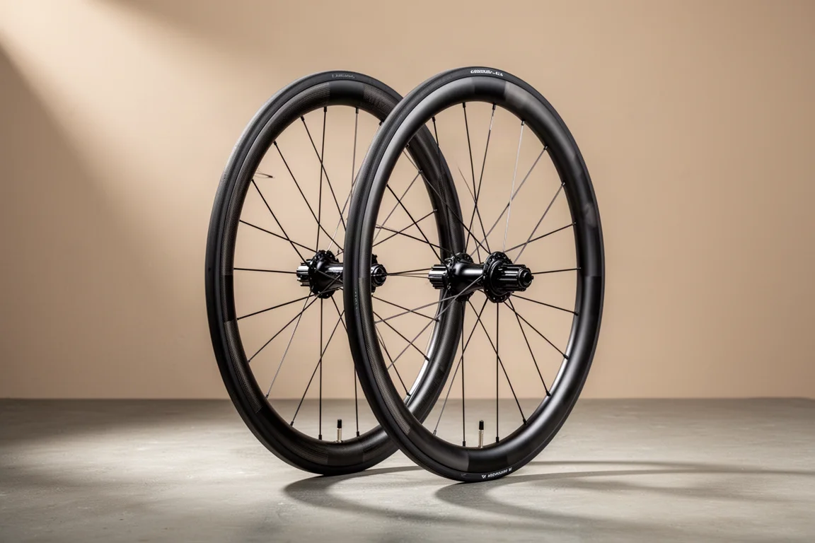 Diepe carbonwielen van een racefiets rechtop op een mat betonnen oppervlak