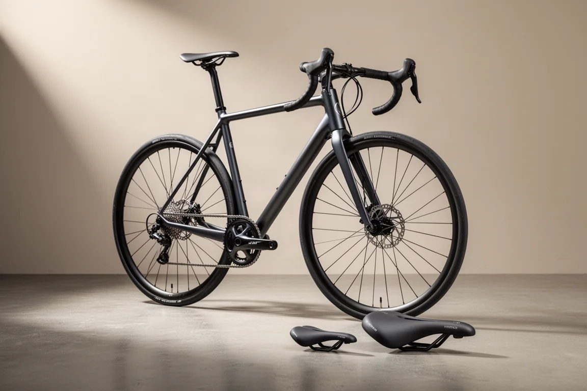 Lichtgewicht racefiets en compact racezadel op een mat betonnen oppervlak